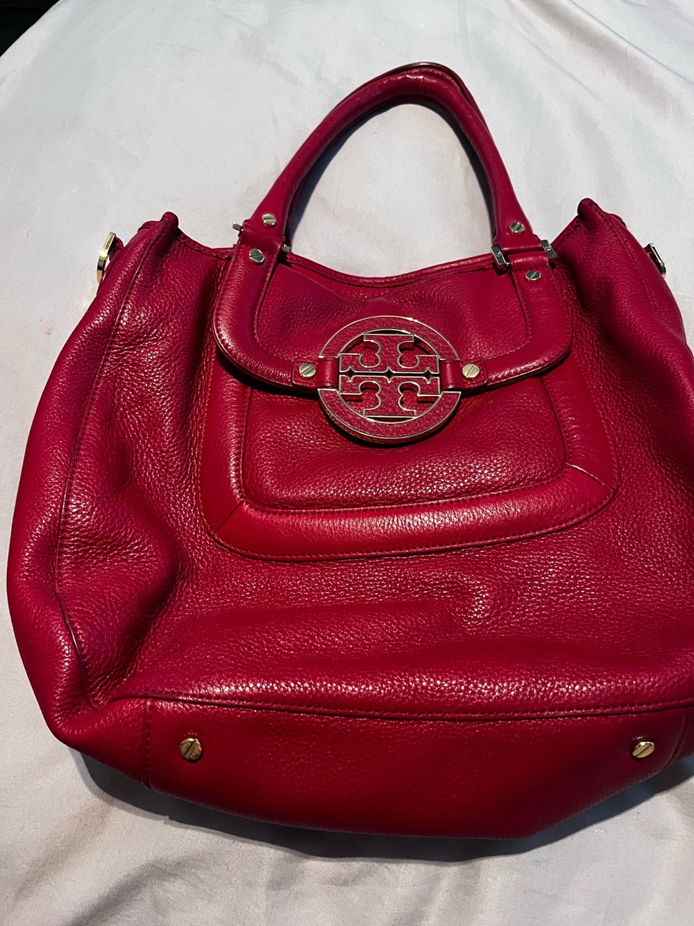 Tory Burch Bright Red Pebbled Leather Shoulder Bag with Logo Medallion